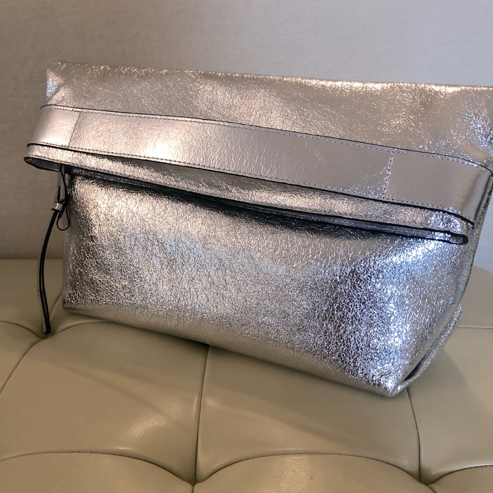 Zara Foldover Metallic Silver Clutch / Leather / Nwt